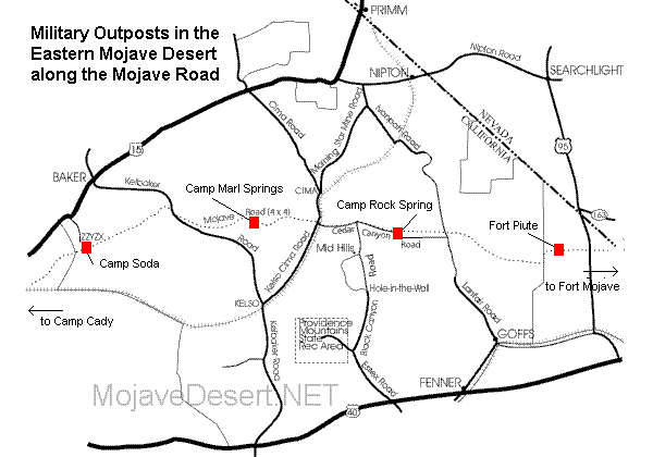map of camps and redoubts in the Mojave Preserve along the Mojave Road